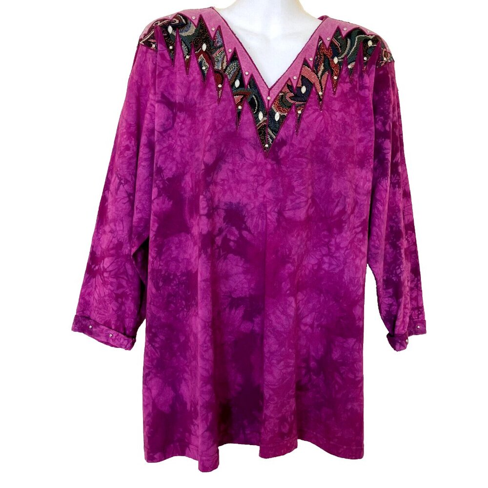 Boos Brand Magenta Tie Dye T-Shirt Tunic Top Rhinestone Suede Vintage USA Made